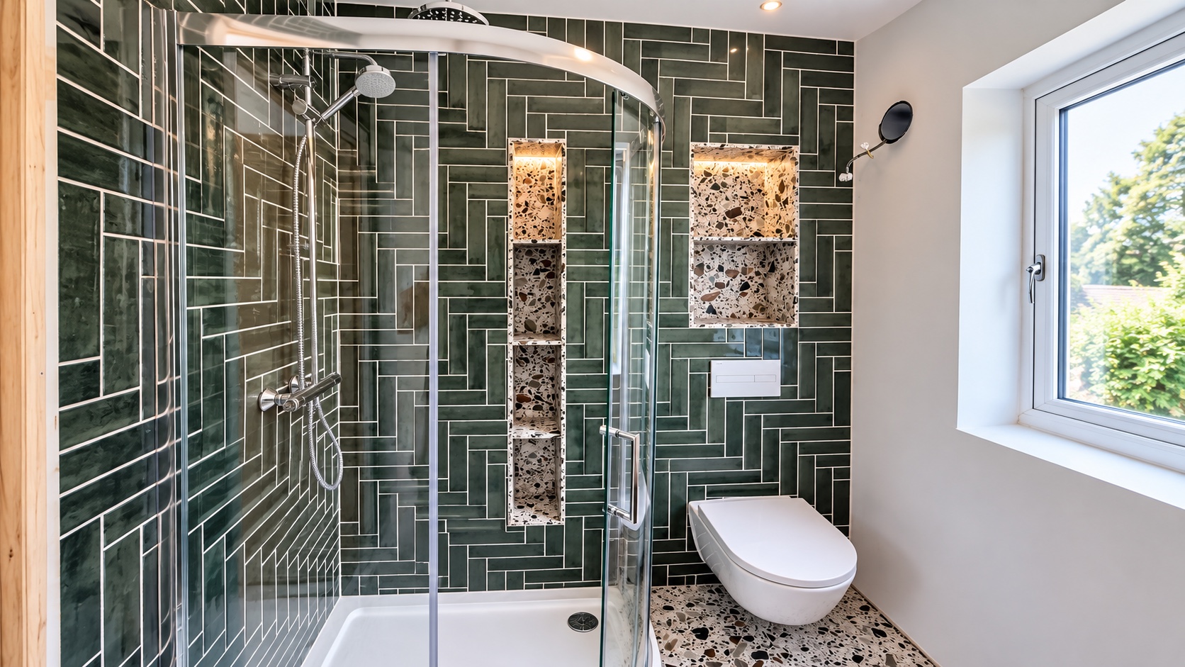 Completed shower room with green herringbone tiling, curved glass enclosure and terrazzo storage niches