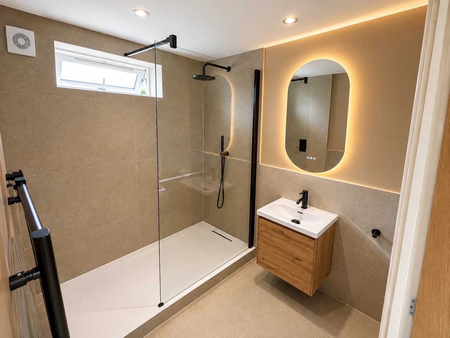 Completed bathroom with walk-in shower