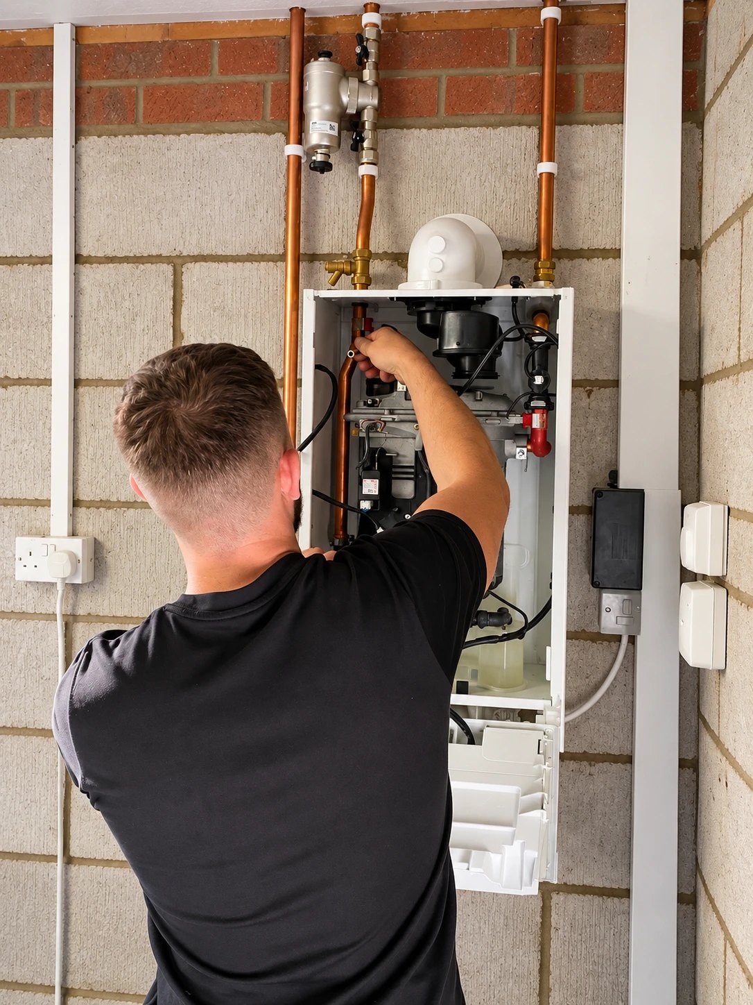 Precision engineer working inside an open boiler, with neatly run copper pipework and filter