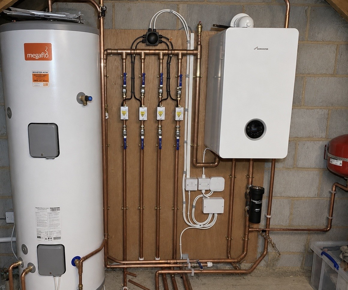 System boiler with unvented hot water cylinder and neatly run copper pipework