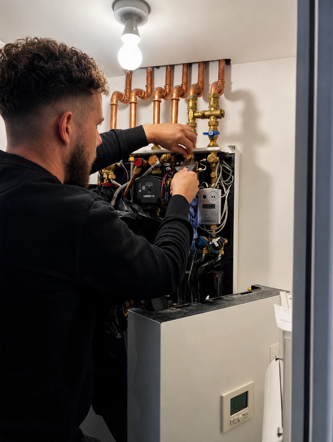 Precision engineer working on a heating system